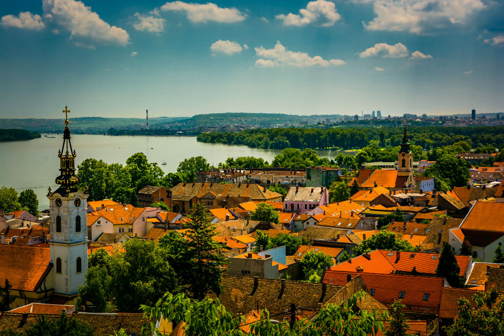 View over Belgrade Serbia and Danube river from above in Zemun