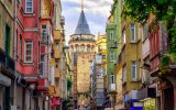 Galata Tower and the street in the Old Town of Istanbul, Turkey