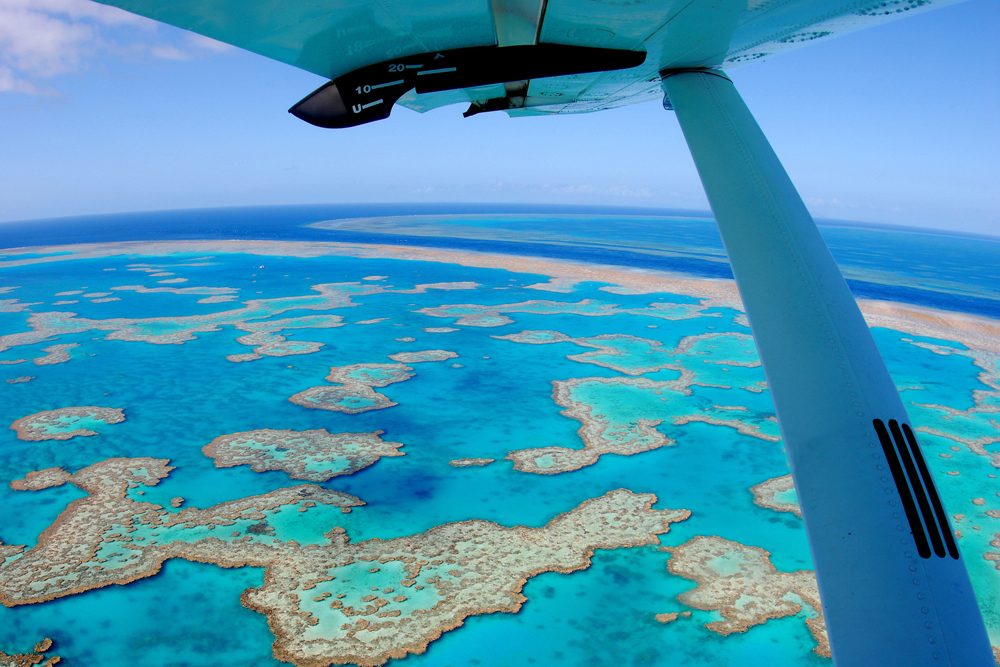 aerial view of the Great Barrier Reef from an airplane