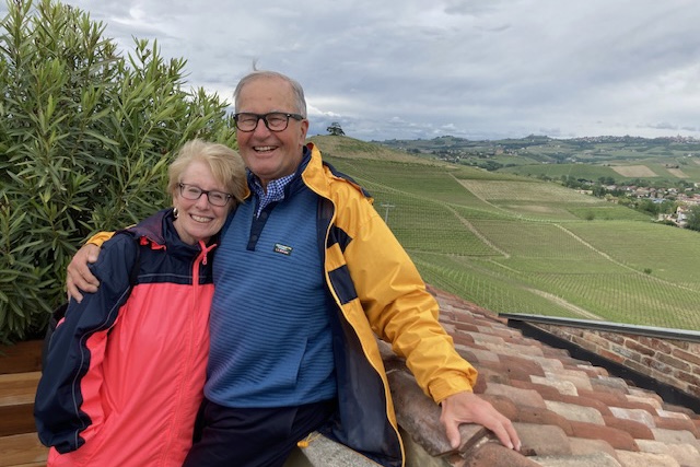 Elaine and Gregg Patterson on the rooftop of the Marrone Winery in La Morra, Piedmont, Italy after a lunch in their restaurant and before the private tour of the winery.