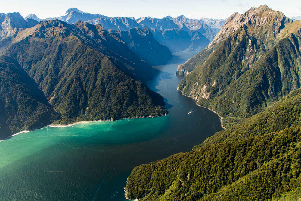 Milford Sound, in New Zealand from a touristic aircraft.