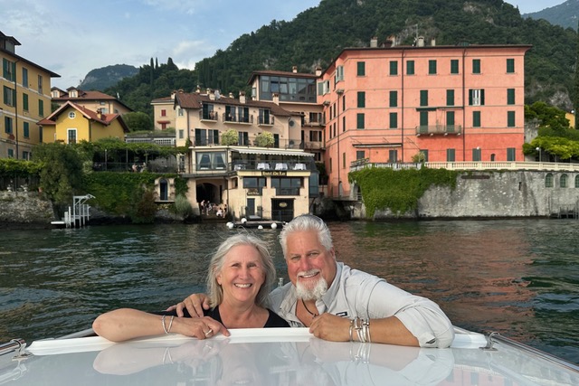 Travelers Deb and John Wente in their private boat tour on Lake Como, Itlay.