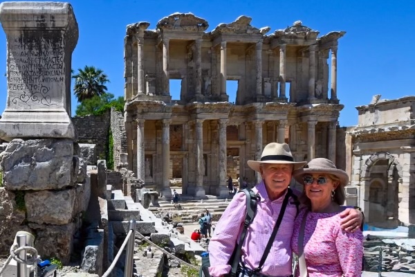 Travelers Tom Philbrick and Susan Ketchum in front of Ephesus in Turkey.