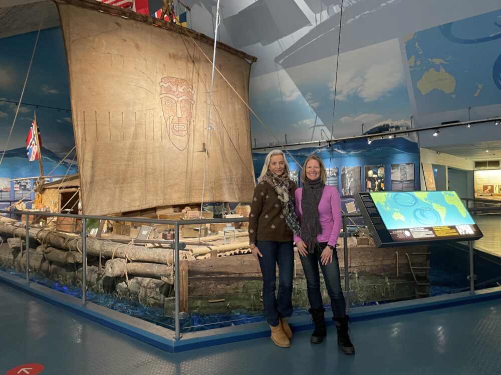 Brook standing in Oslo's Kon-Tiki Museum beside Liv Heyerdahl, granddaughter of famous Norwegian explorer Thor Heyerdahl. 