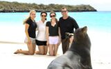 Travelers Claire, Andrea, Rachel and Dave Phillips bonding with sea lions at Gardner Bay on Espanola Island, Galapagos.