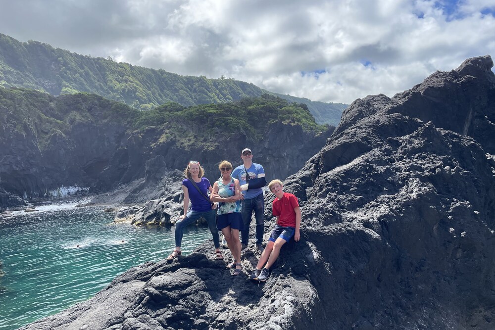 Susan Crandell and her family on the coast of São Jorge Island in the Azores, Portugal.