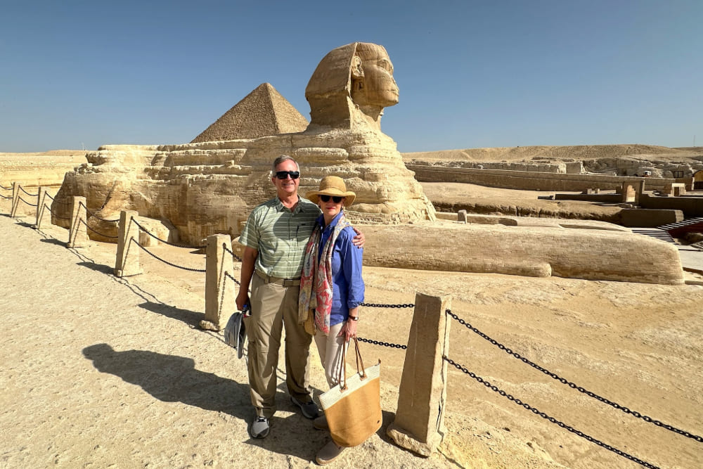 Jeff and Linda Stengel next to the Great Sphinx of Giza, Egypt.