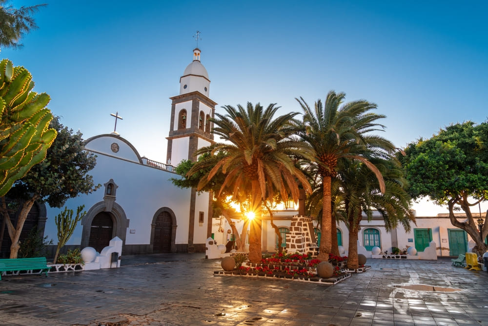 View of the public square and a side of Parroquia de San Gines in Lanzarote, Canary Islands, Spain.
