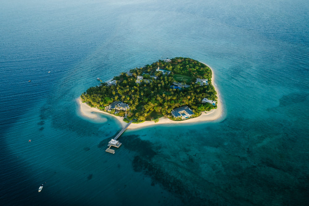 Aerial view of Banwa Private Island resort in Palawan, Philippines.