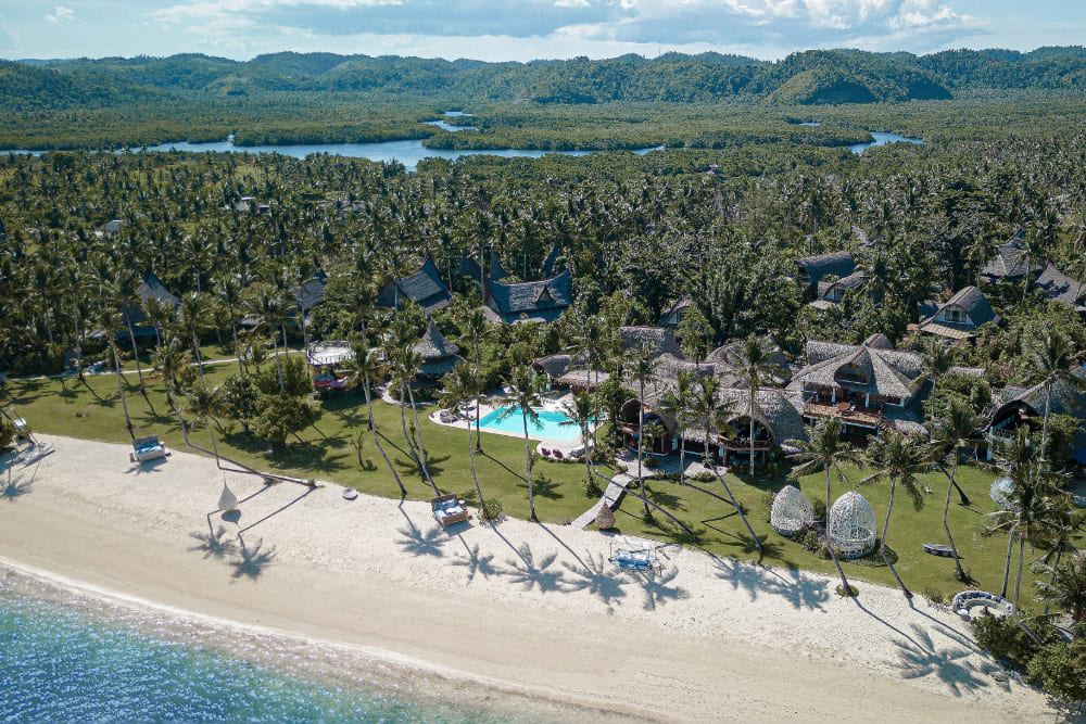 Aerial view of Nay Palad Hideaway resort on Siargao Island, Philippines.