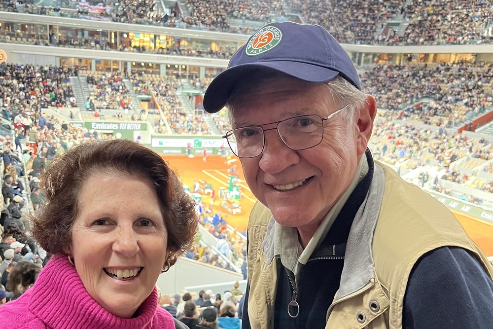 Marsha Friedli and her husband at The French Open in Roland Garros Stadium, in Paris, France.