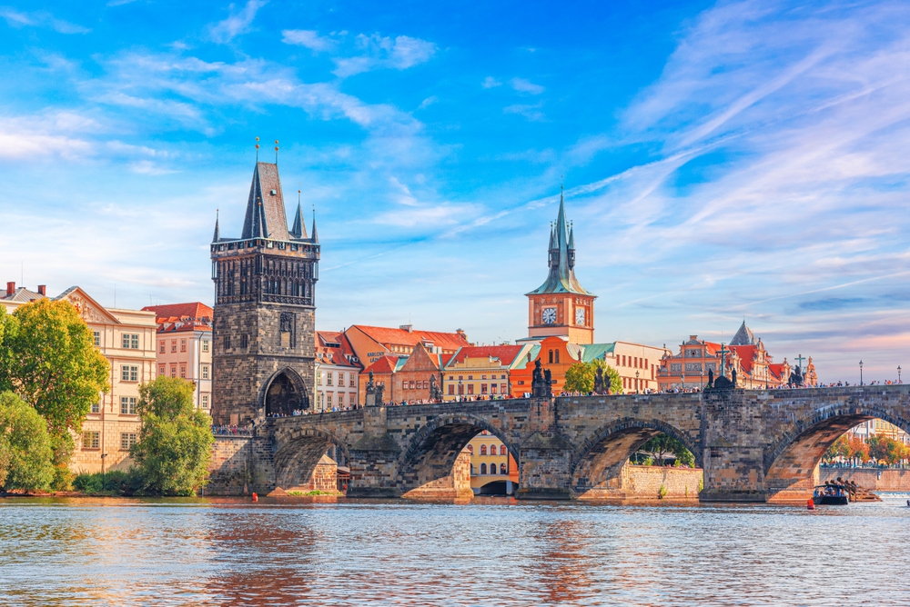 Charles Bridge over the Vltava River in Prague, Czech Republic.