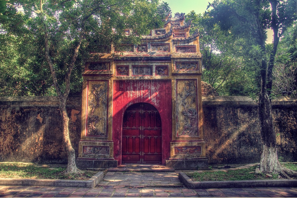 The red gate to the Forbidden City in Hue, Vietnam.