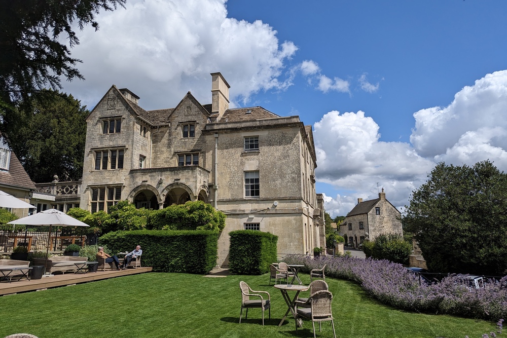 Th cafe area outside The Painswick Hotel, Cotswolds.