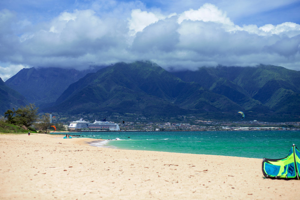 Mountain and beach view from Kanaha Beach Park in Maui, Hawaii.