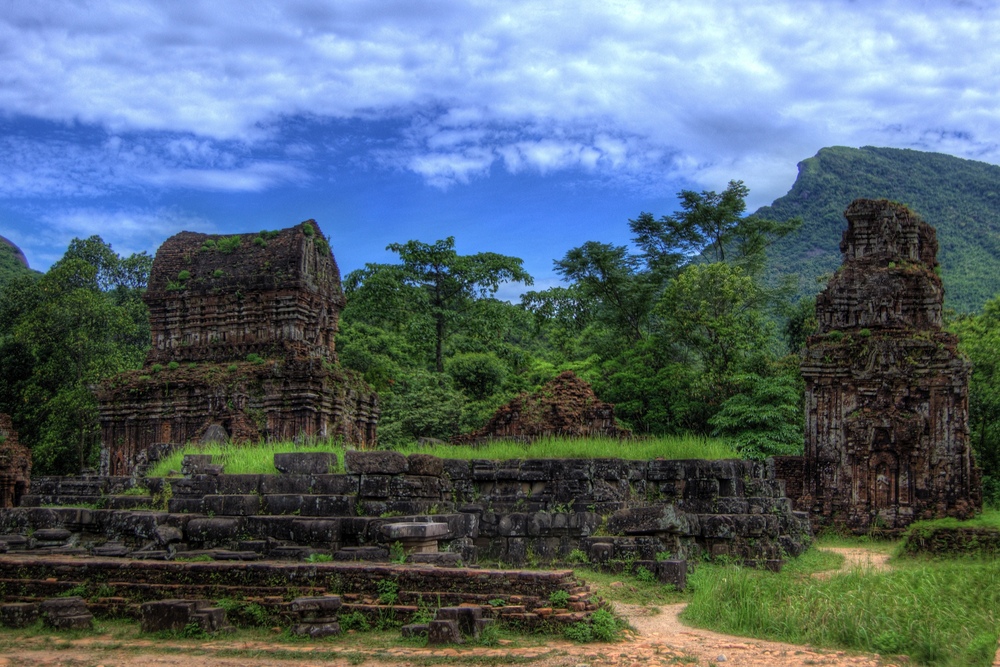 My Son Sanctuary surrounded by trees in Quang Nam, Vietnam.