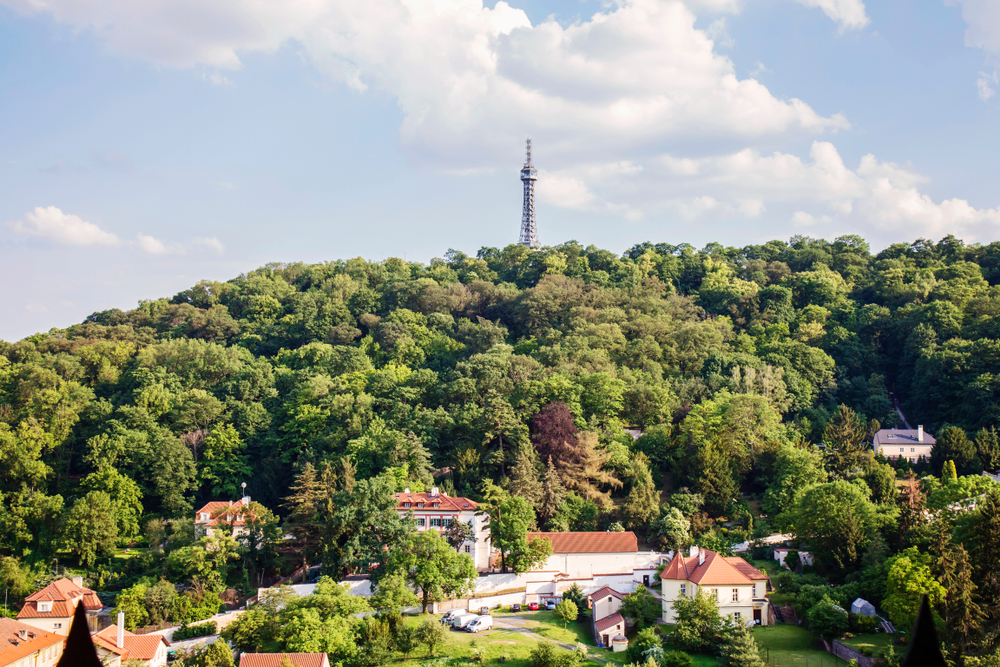 Petrin Hill during spring covered by trees in Prague, Czech Republic.