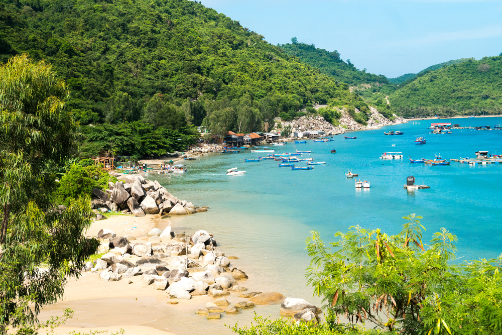 Blue water, green trees, on a sea landscape in Quy Nhon, Vietnam.