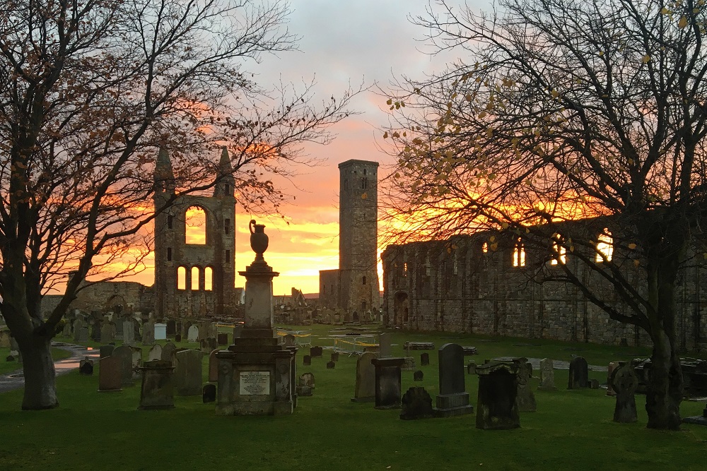 Sunset captured from the St Andrews Cathedral's ruins in Scotland.