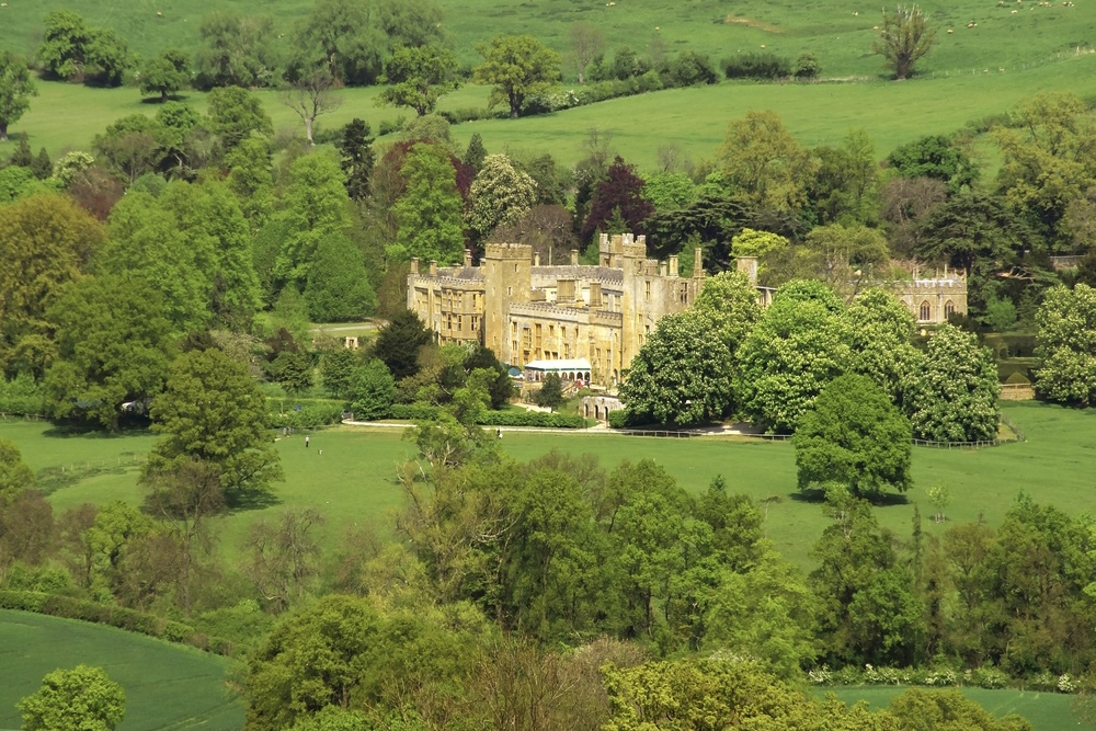 Sudeley Castle surrounded by trees and landscapes, Cotswolds.