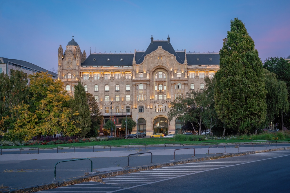 Gresham Palace during sunset in Budapest, Hungary.