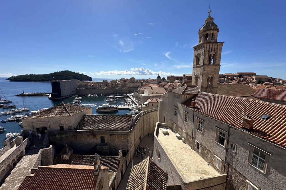 Harbor and the old town walls of Dubrovnik, Croatia.