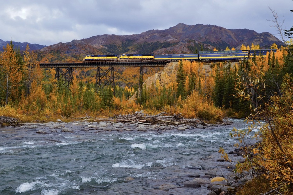 Denali Star Train in Alaska Railroad during fall.