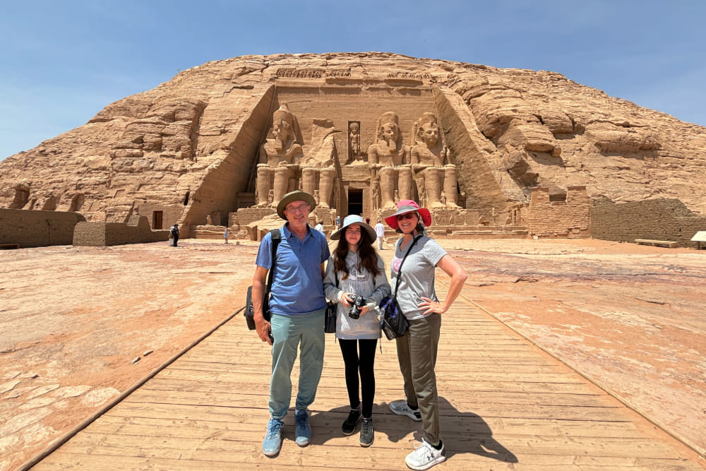 Jeff Westbrook, Ivy Westbrook, and Tama Hasson at Abu Simbel Temple in Egypt.