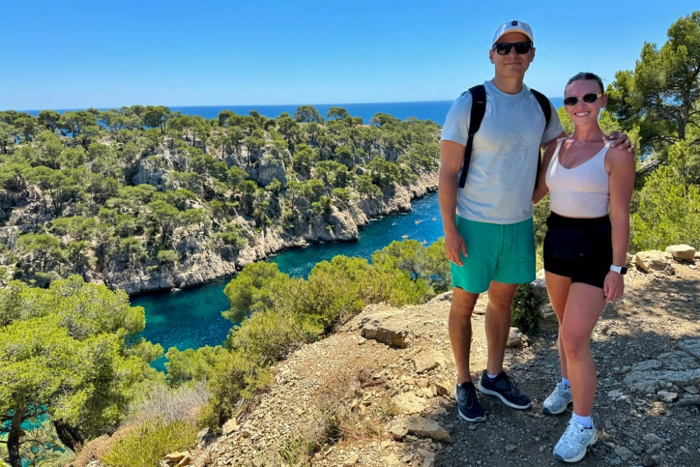 Traveler Lisa Malecha's adult kid and significant other hiking the Calanques outside of Cassis, France.