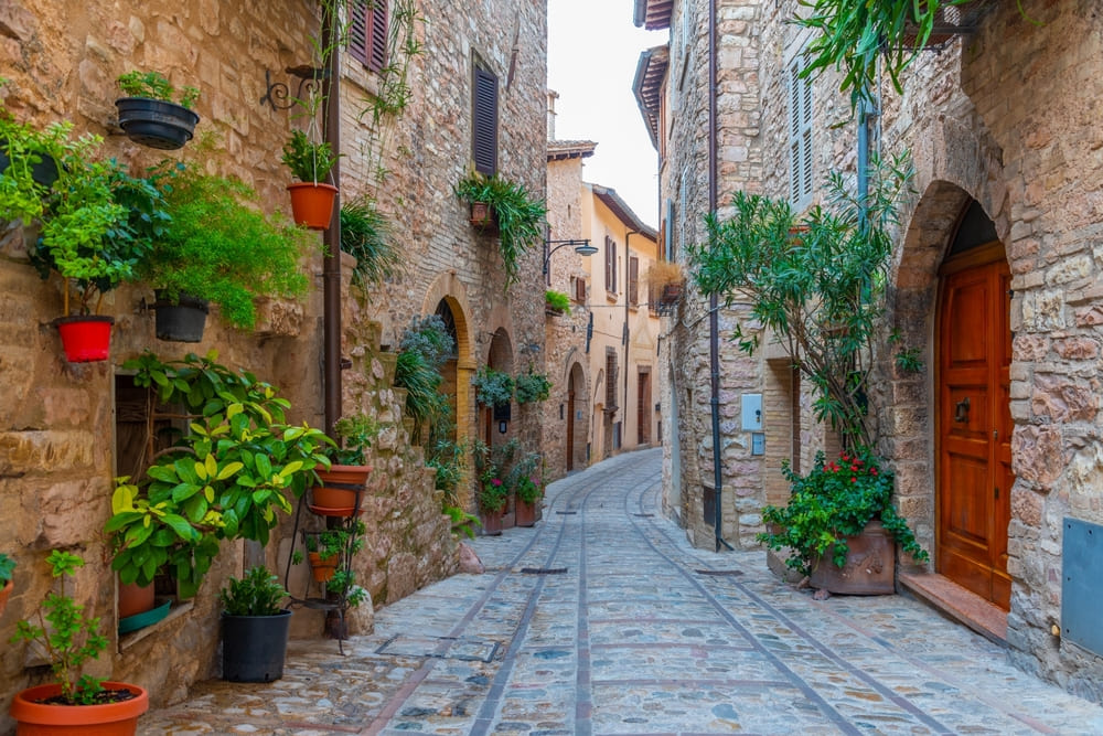 Narrow street in the Old town of Spello, Italy.