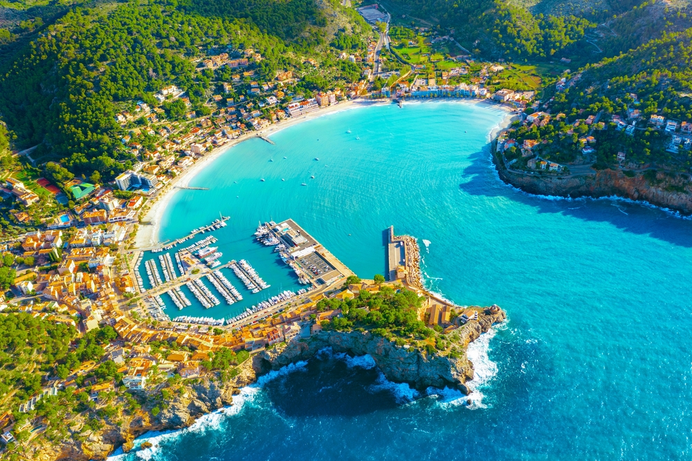 Panoramic view of Port de Soller, Mallorca Island, Spain.