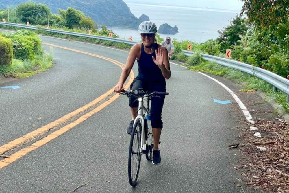 Shelley Baker cycling along the Izu peninsula in Japan.