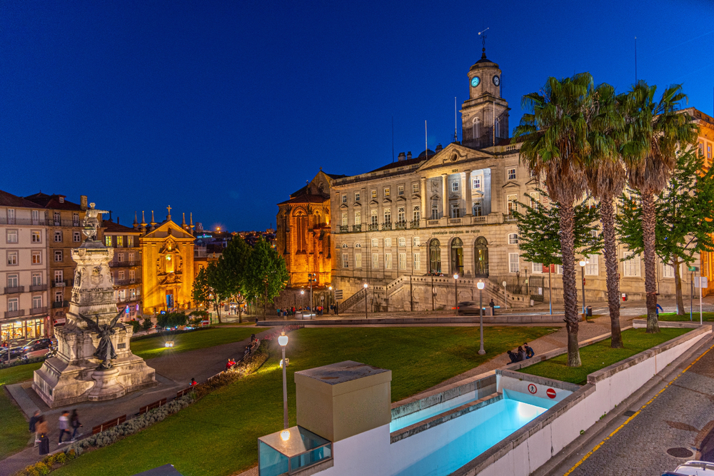 Sunset view of Palácio da Bolsa in Porto, Portugal.