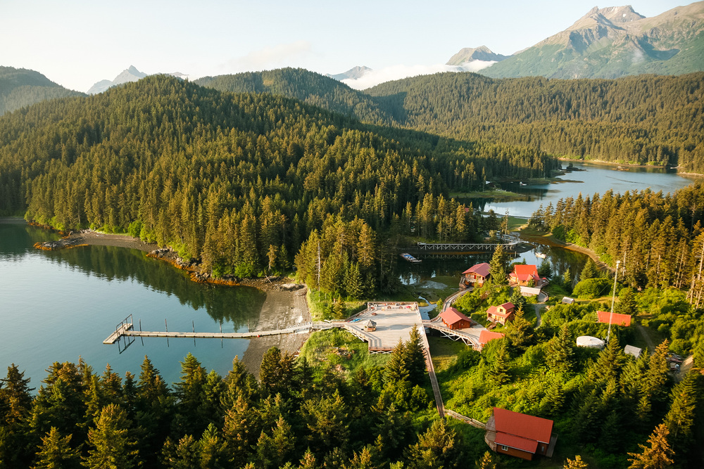 A view of Tutka Bay Wilderness Lodge surrounded by trees in Alaska.