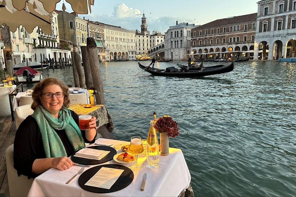 Wendy Perrin having dinner at her hotel on Venice’s Grand Canal.