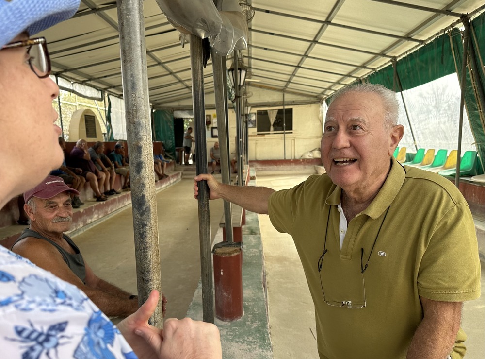 Wendy Perrin talking to Manny Buhagiar in Gozo, Malta.