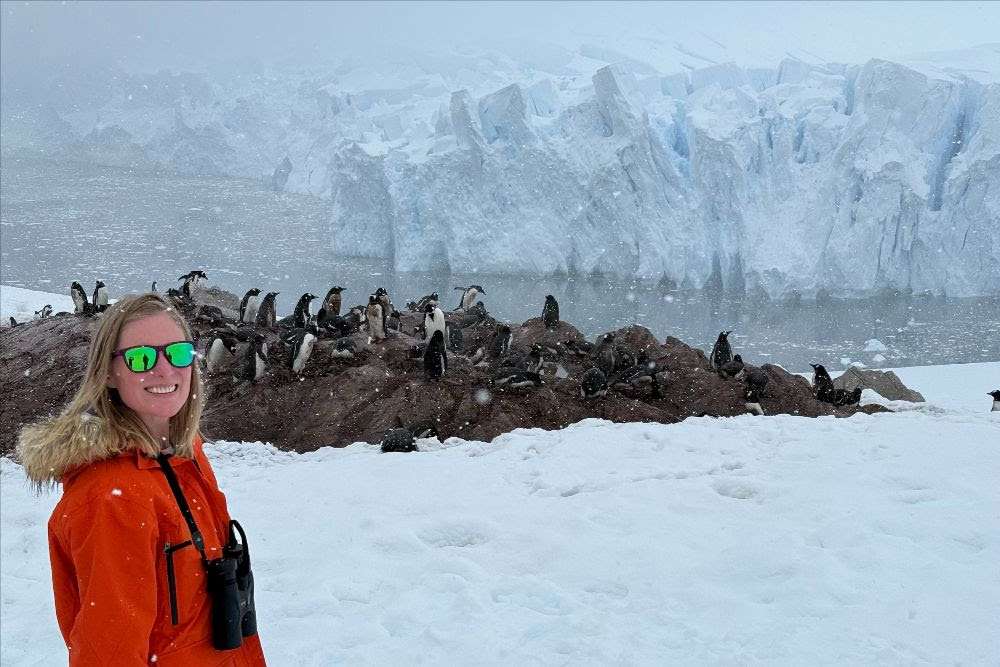 Brook Wilkinson communing with thousands of penguins in Antarctica.