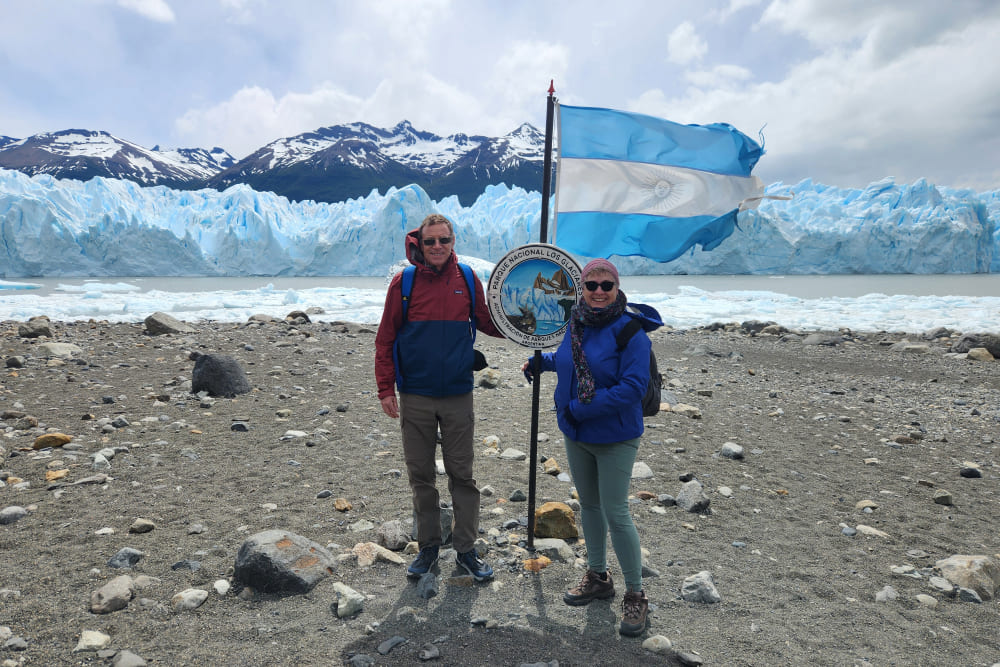 David and Sheila Cahnman hiking the Perito Moreno glacier in southwest Santa Cruz Province, Argentina.