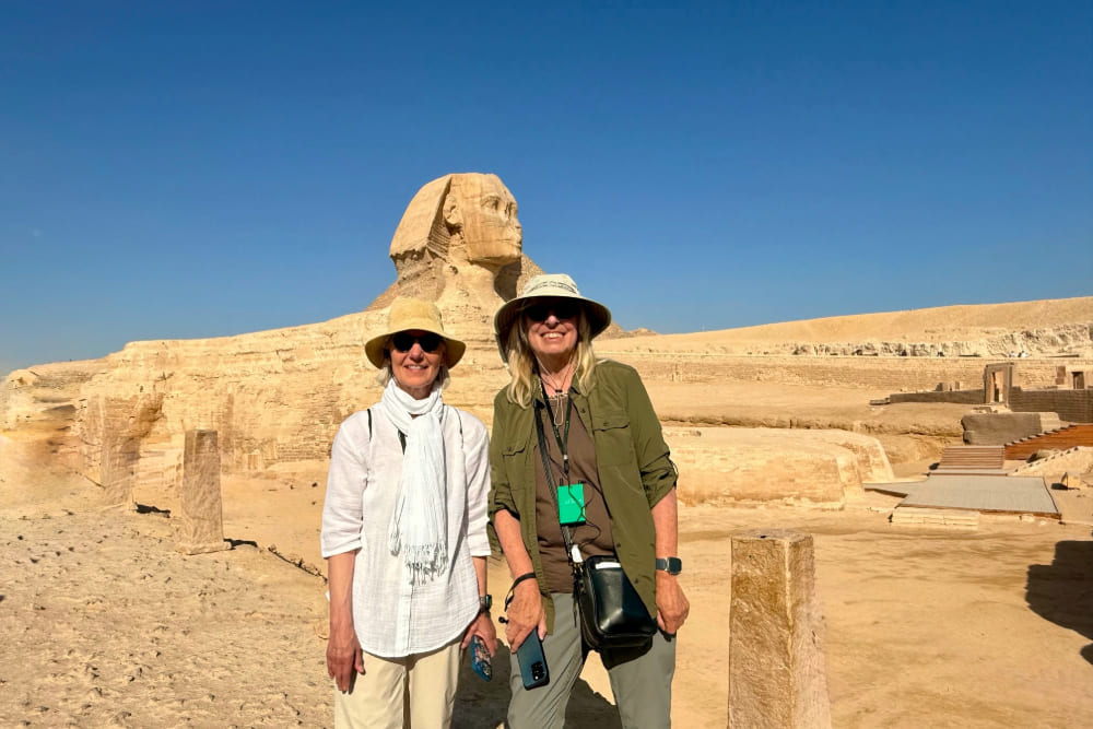 Heidi Fielding and Janet Tompkins with the Great Sphinx of Giza in Egypt.