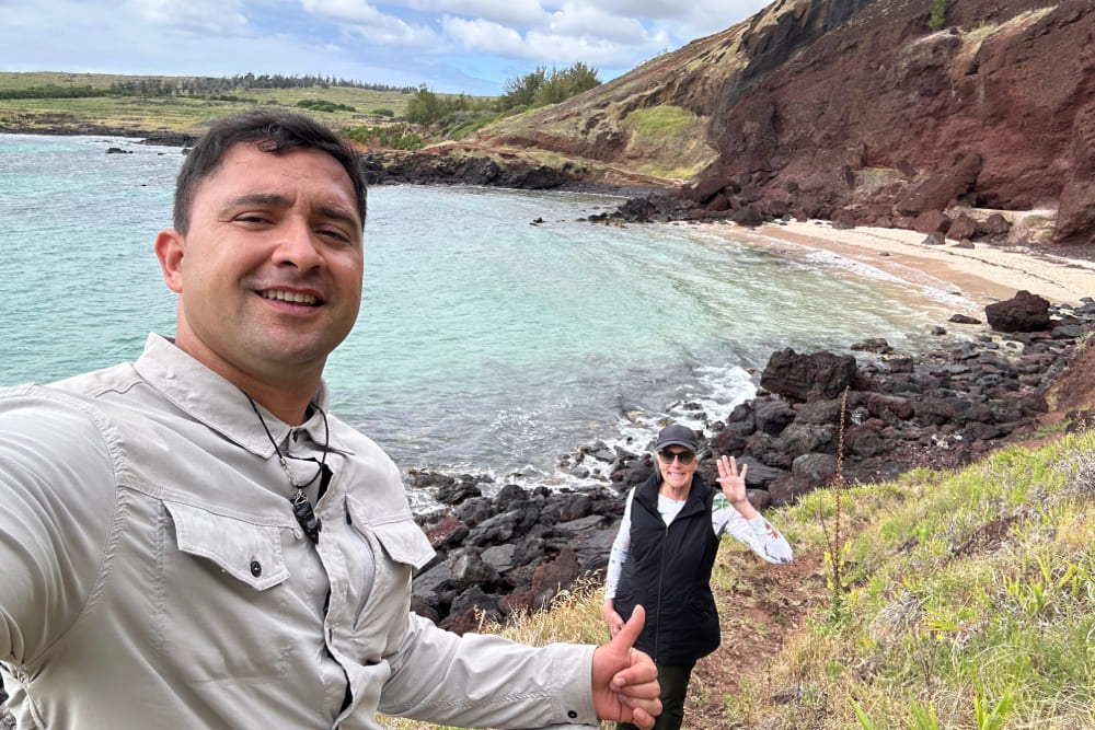 Local Rapa Nui guide, Martin Hey, and Jeannie Mullen exploring a quiet inlet on the Easter Island.