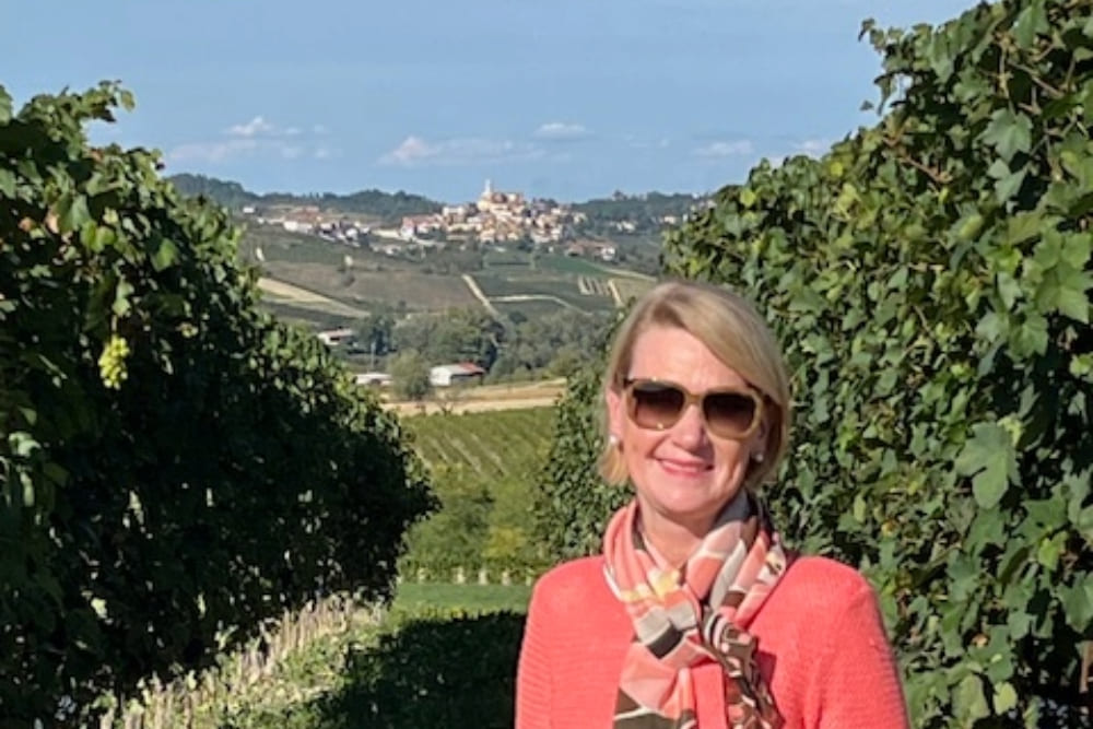 Linda Stengel overlooking the vineyards in Piedmont.