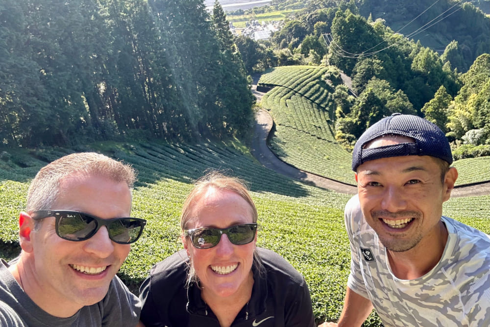 Michael Ruma at Shizuoka tea fields with tea farmer Takuya Shigeta.