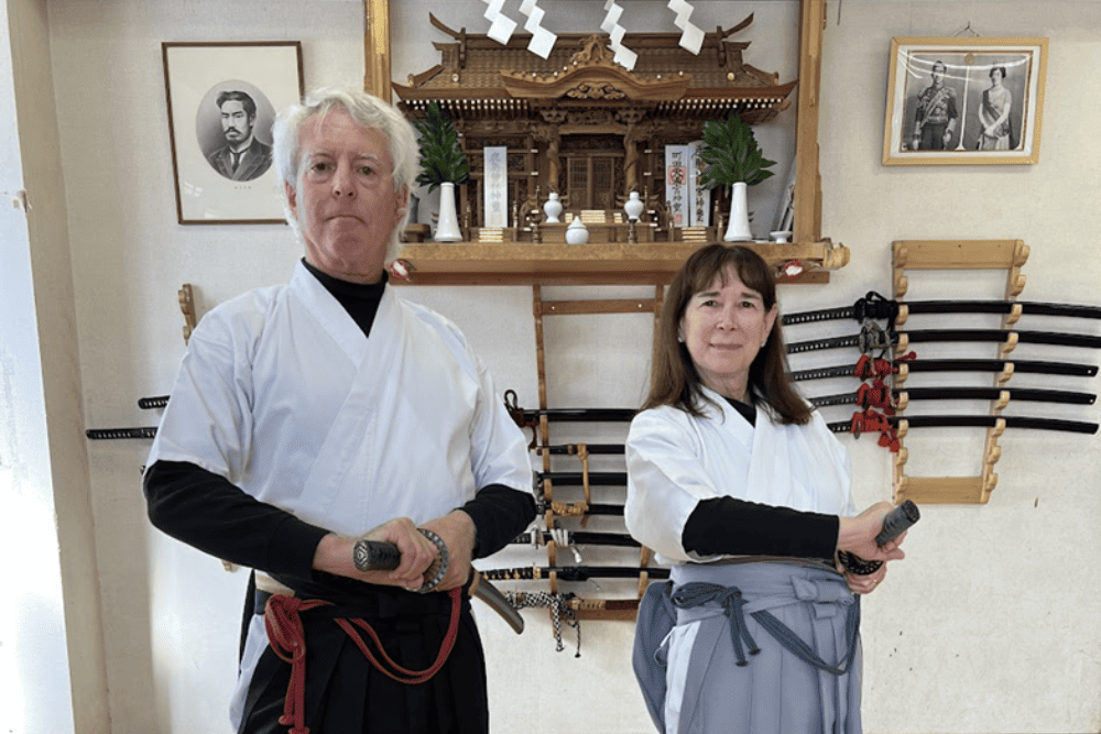 Conrad and Sandi Ehrlich at a samurai sword class in Japan.