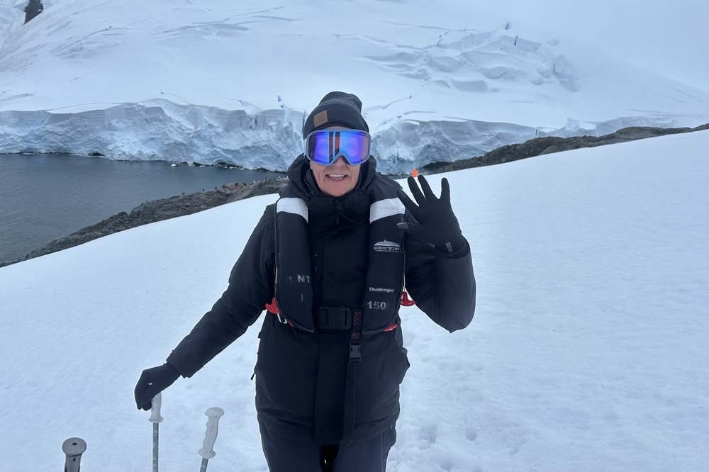 Jeannie Mullen hiking on Two Hummock Island in Antarctica.