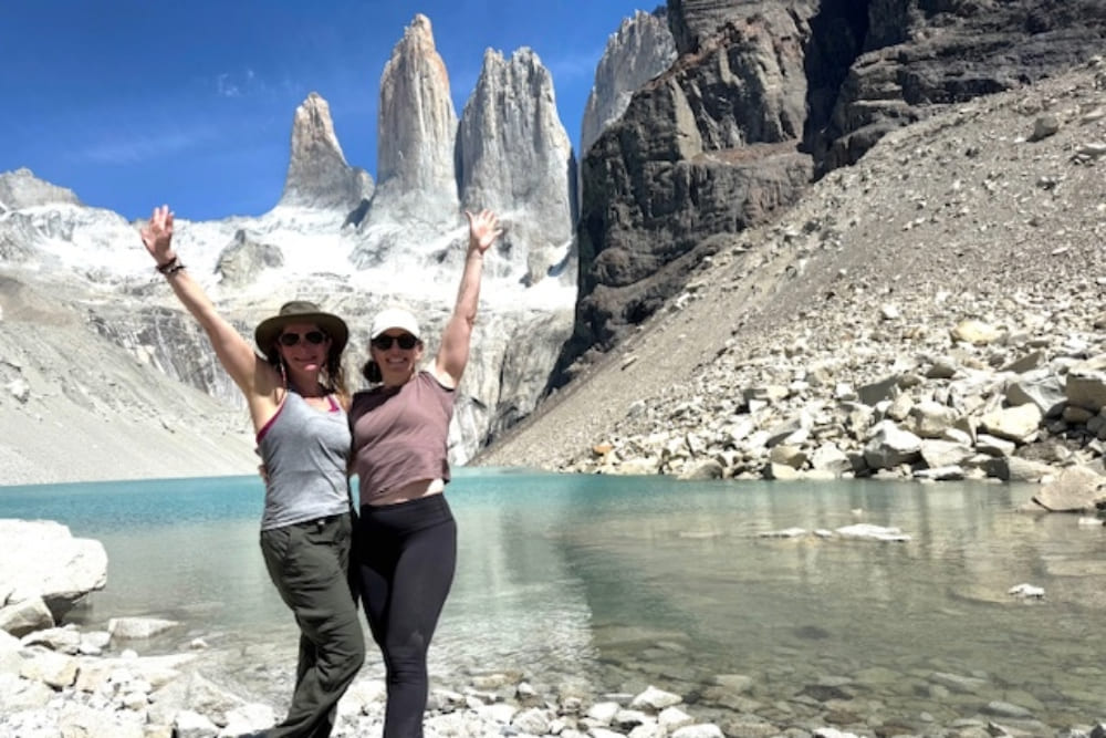 Lauren Schor and Jill hiking in Torres del Paine, Patagonia.