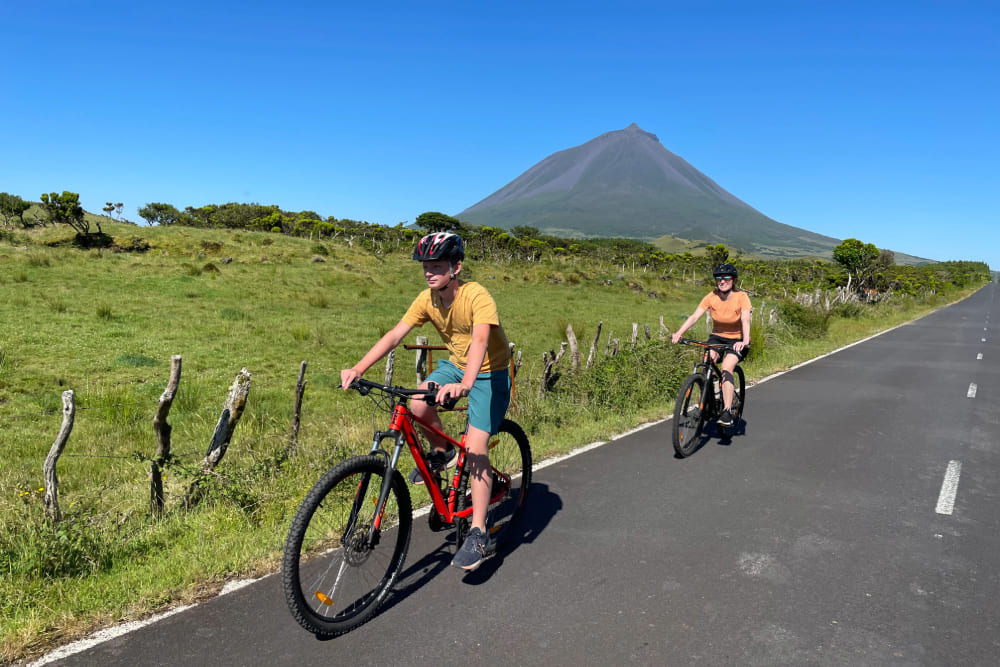 Brook Wilkinson and her son Zeke biking in Pico, Azores.