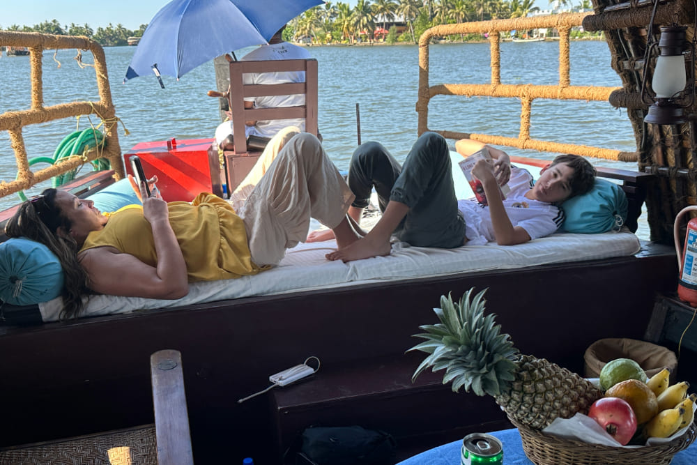 Gurminder Bedi’s daughter and grandson relaxing on a houseboat in Kerala.