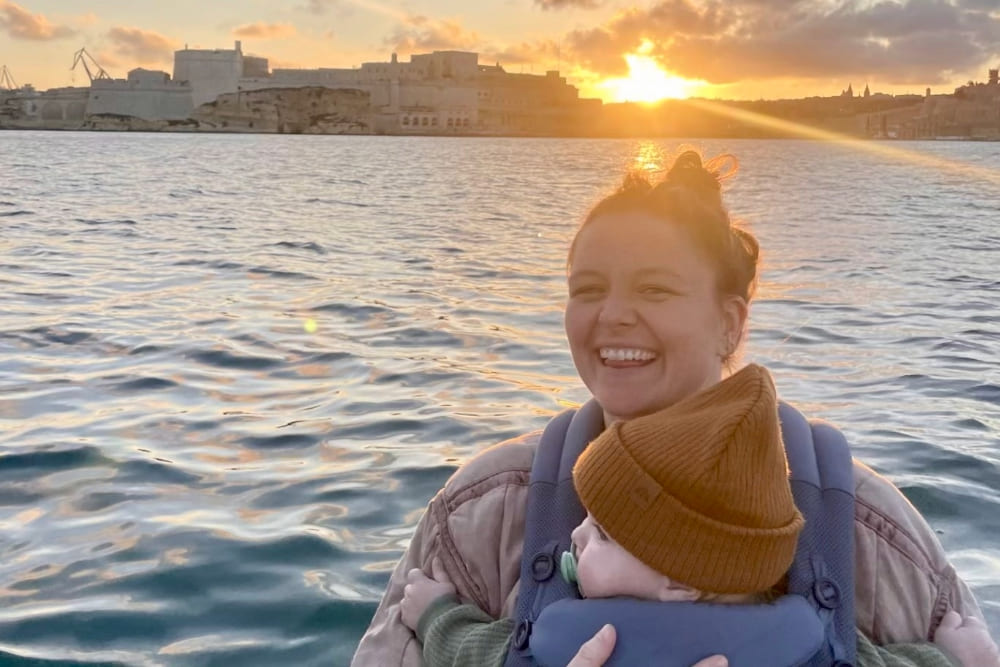 Molly Borque and nine-month-old Jude on a sunset boat ride from Valletta to Senglea.