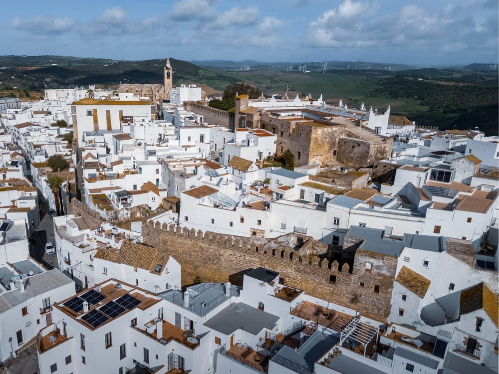 Aerial view of ancient white Spanish hill top town Vejer de la Frontera, Andalusia.