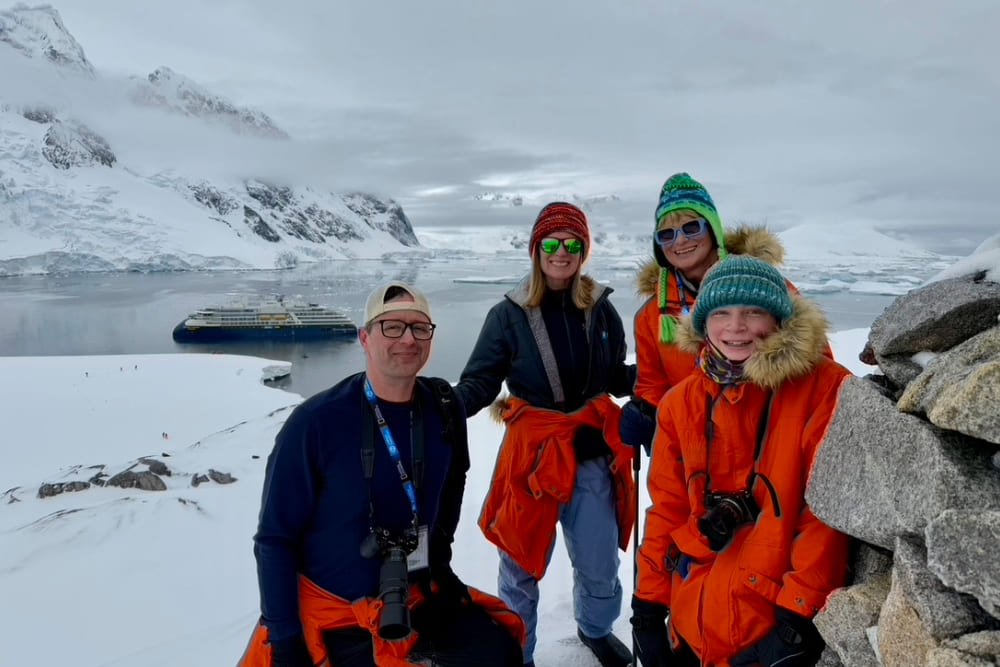 Brook Wilkinson and family in Antarctica.